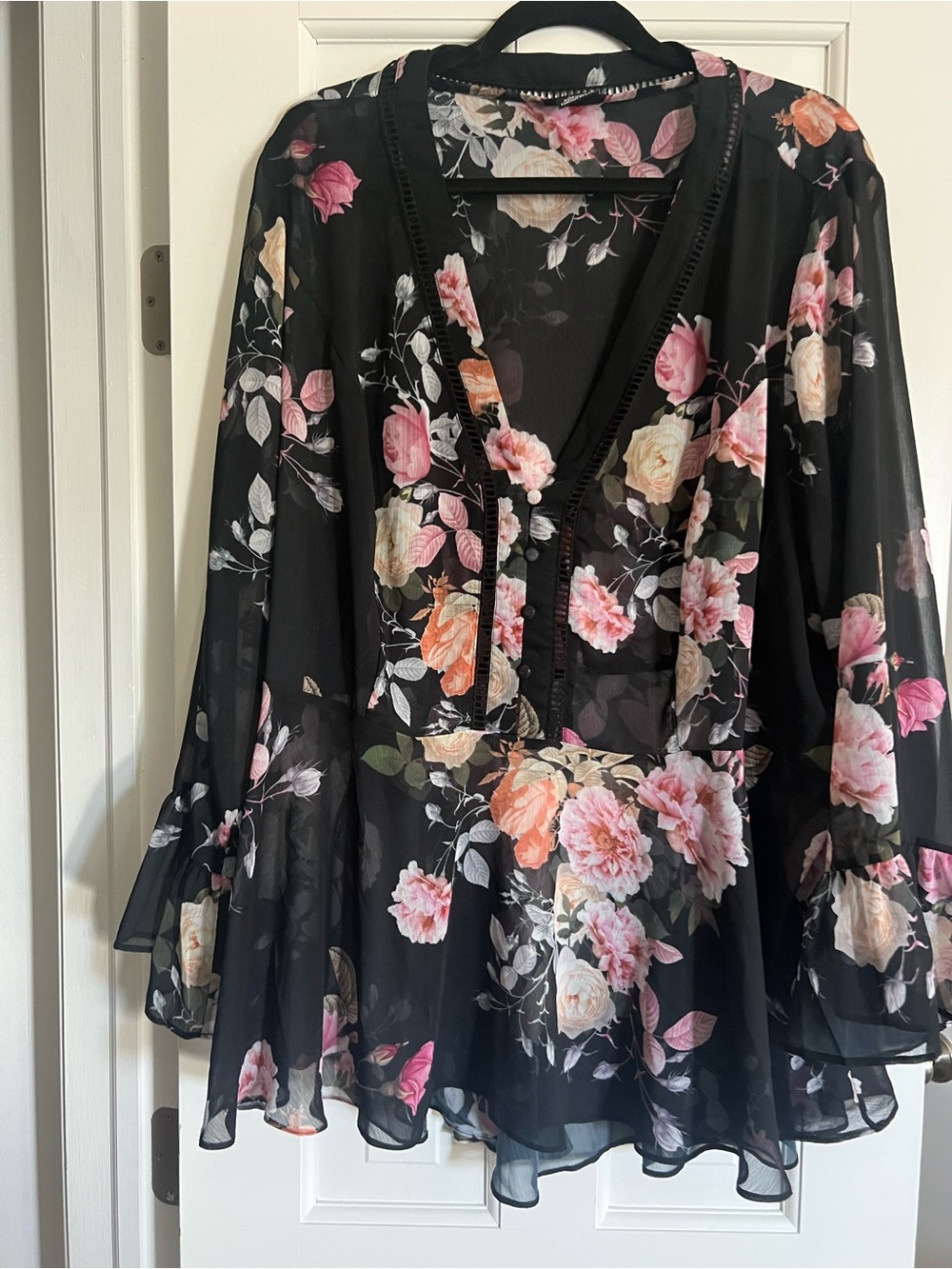City Chic Black Floral V-Neck Sheer Tunic with Pink and Cream Roses